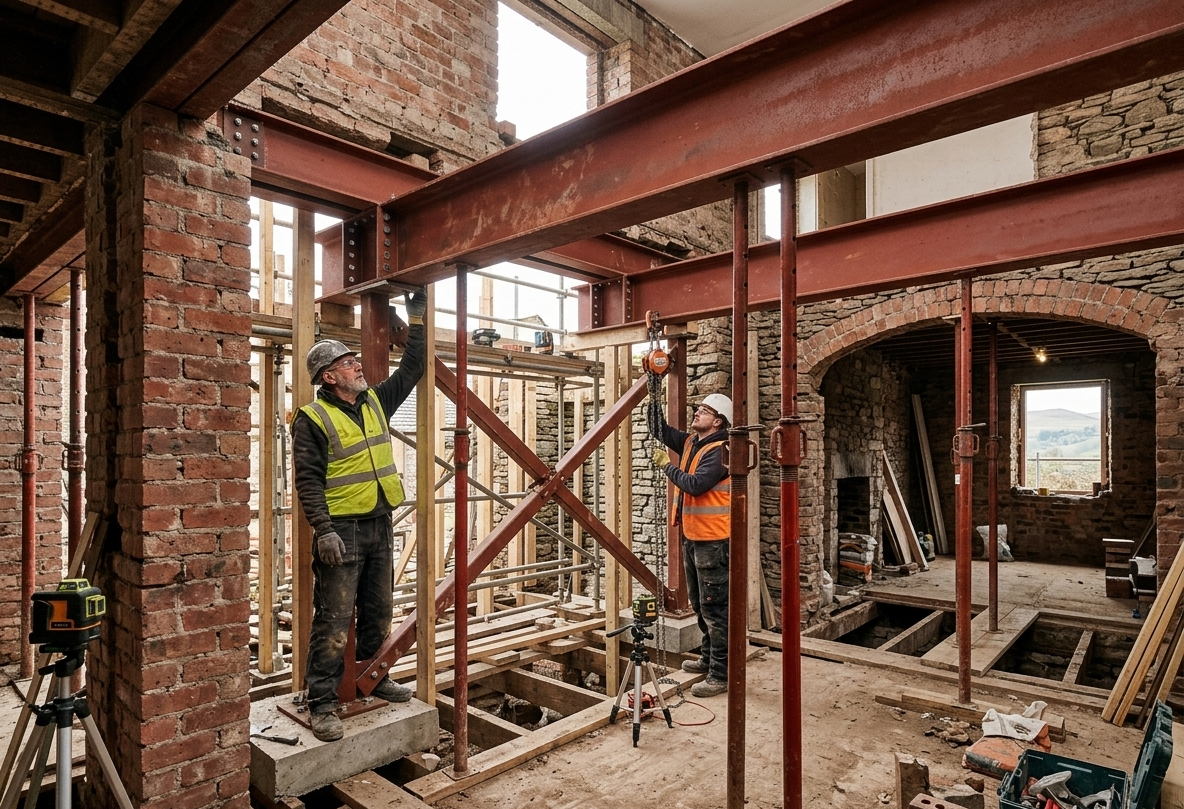 Builders carrying out structural work inside a UK home in Cumbria